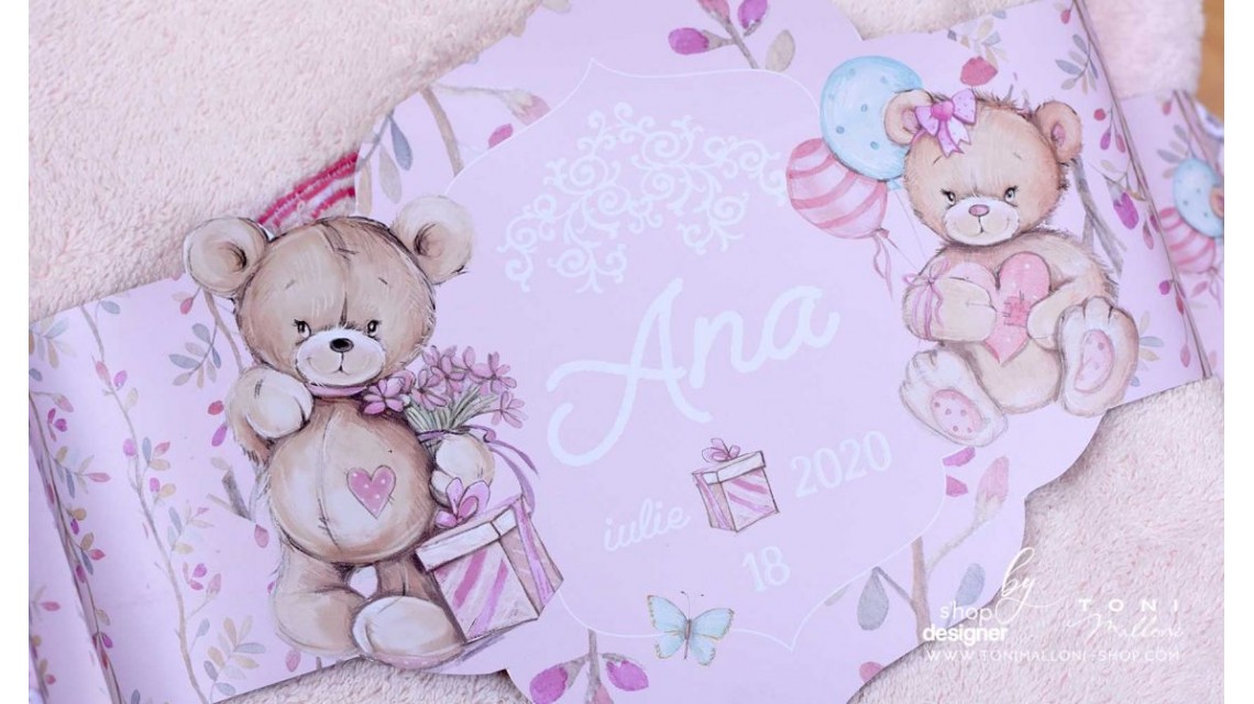 Trusou botez cu ursuleti roz si broderie personalizata Teddy Bear Pink 8